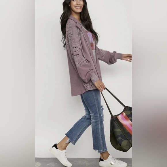 NWT Free People S Dune Bug Cardi in Elderberry Purple Crochet Zip Up New $168 - Picture 8 of 11